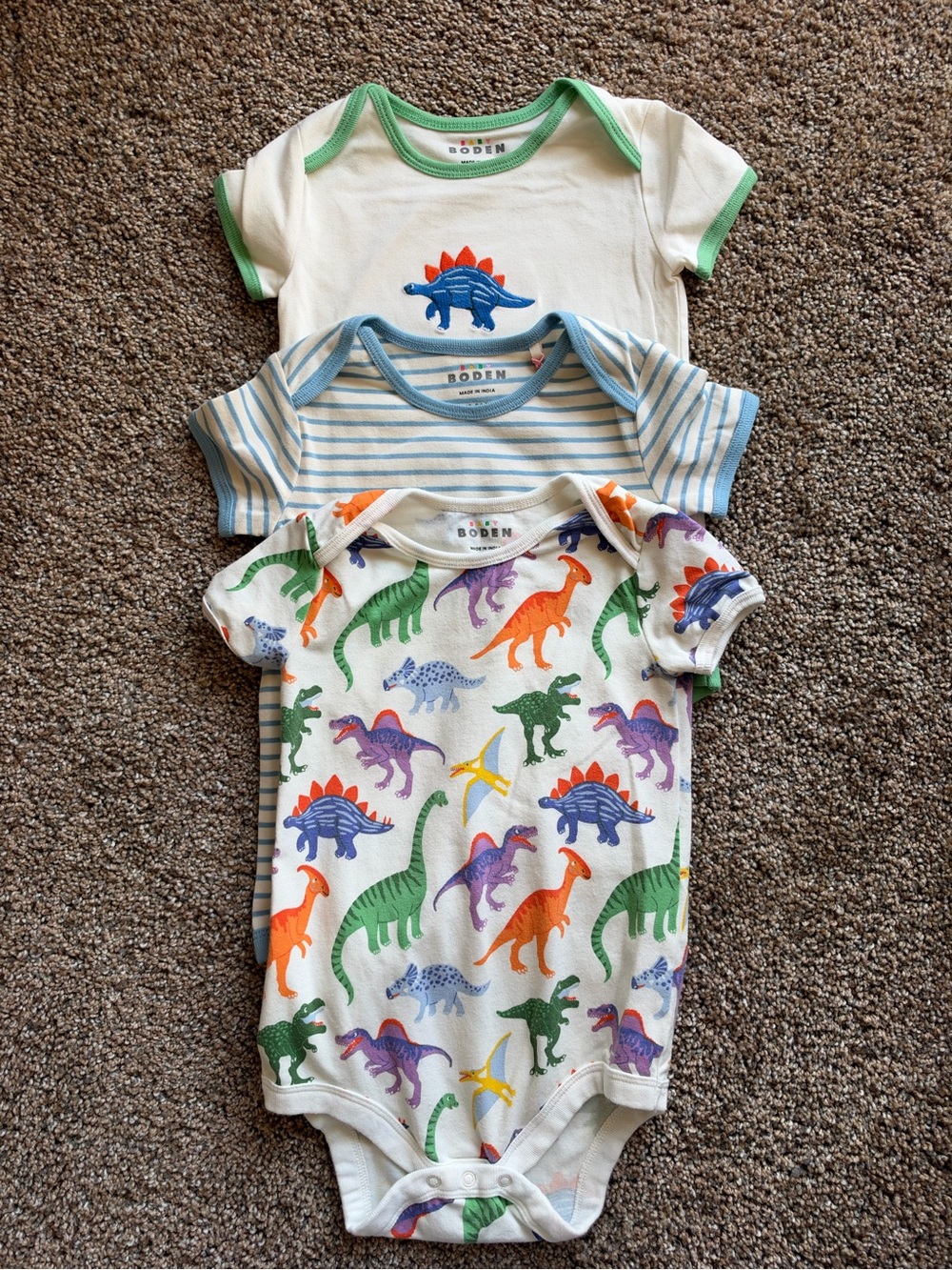 BABY BODEN Dinosaur Print & Embroidered Bodysuit Set of 3